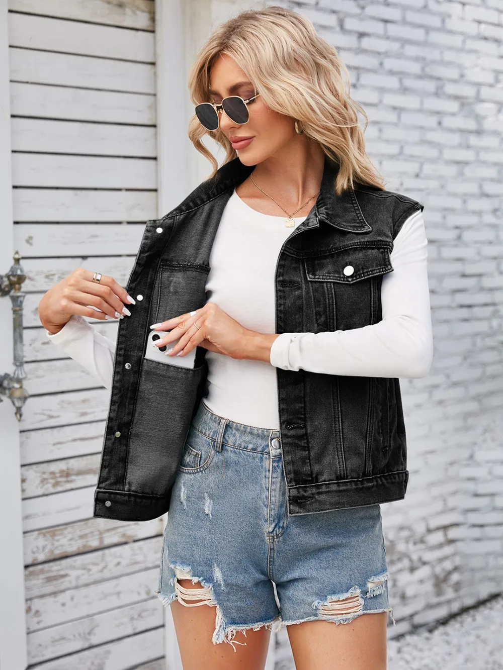 Button Up Cap Sleeve Denim Jacket, image 8