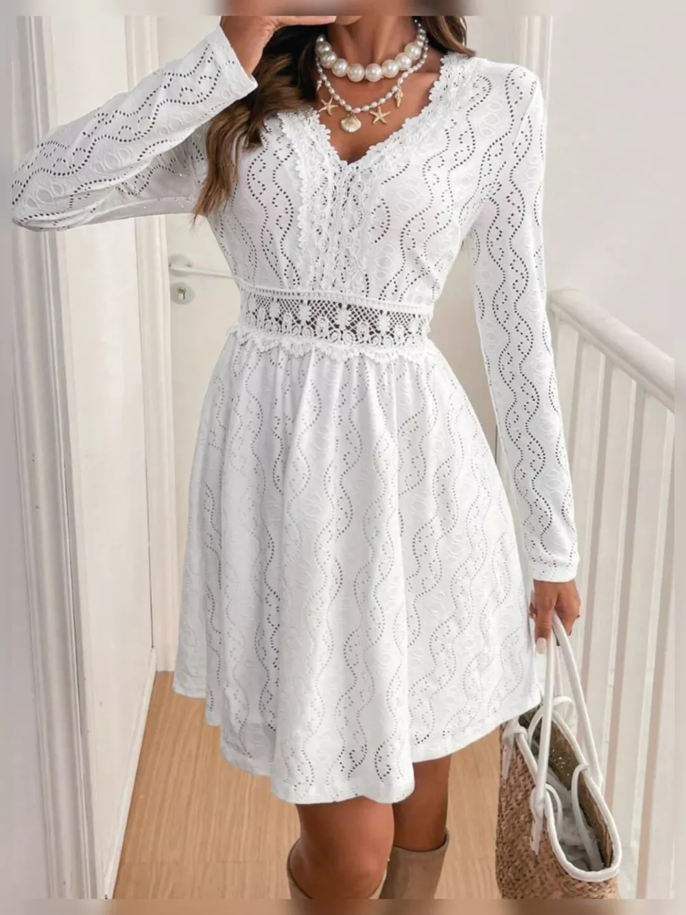 Lace Openwork Long Sleeve V-Neck Dress, image 3