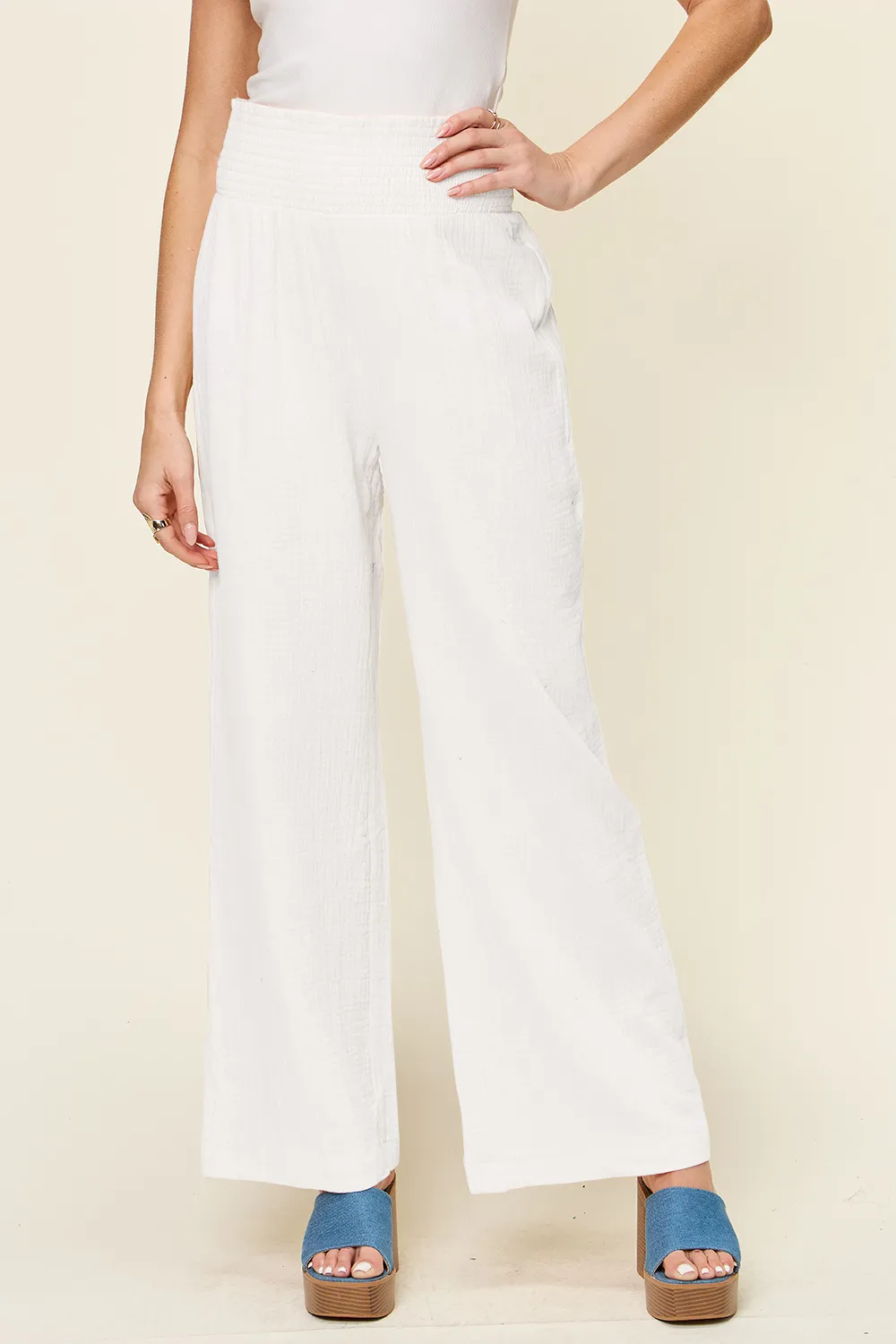 Full Size Texture Smocked Waist Wide Leg Pants, image 13