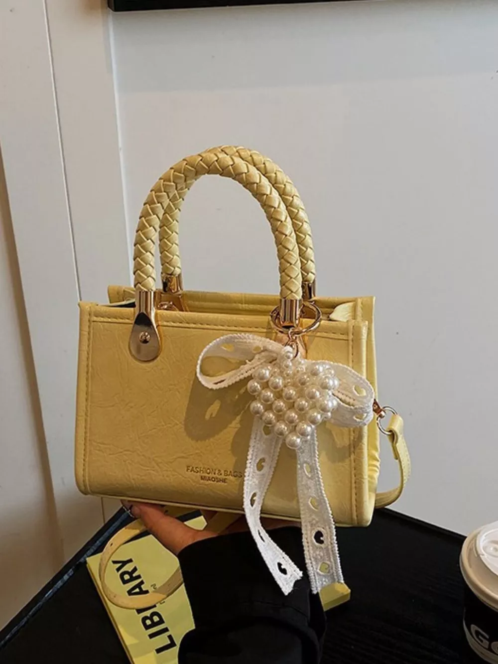Braided Handle Pearl Decor Crossbody Bag, image 9