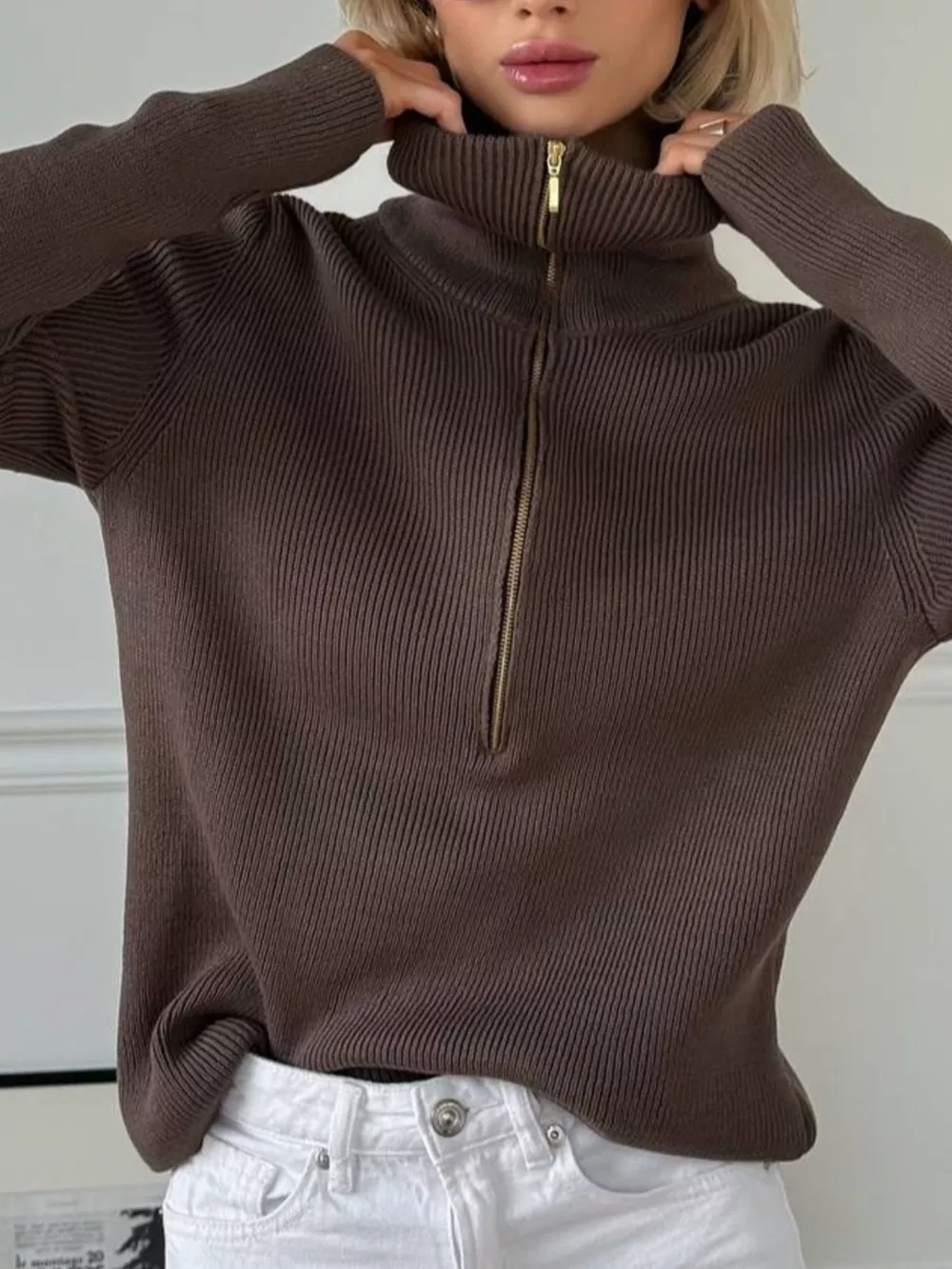 Ribbed Knit Quarter-Zip Sweater, image 4