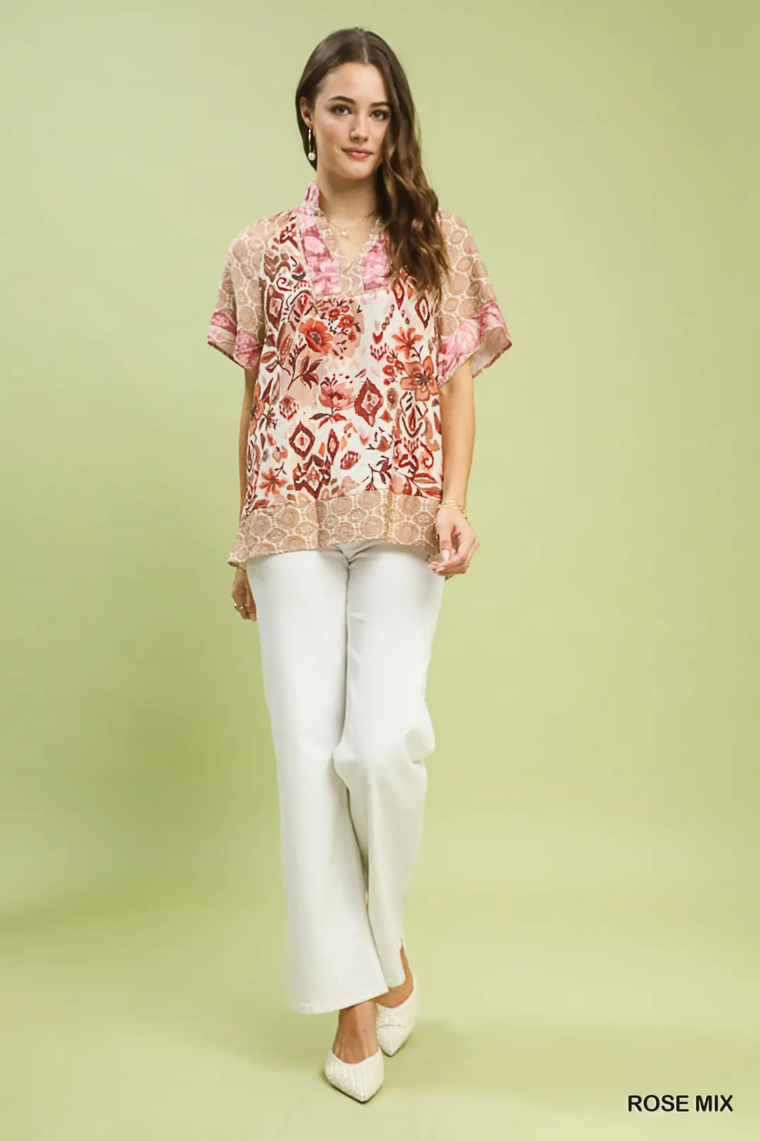 Mixed Print V-Neck Short Sleeve Top, image 5