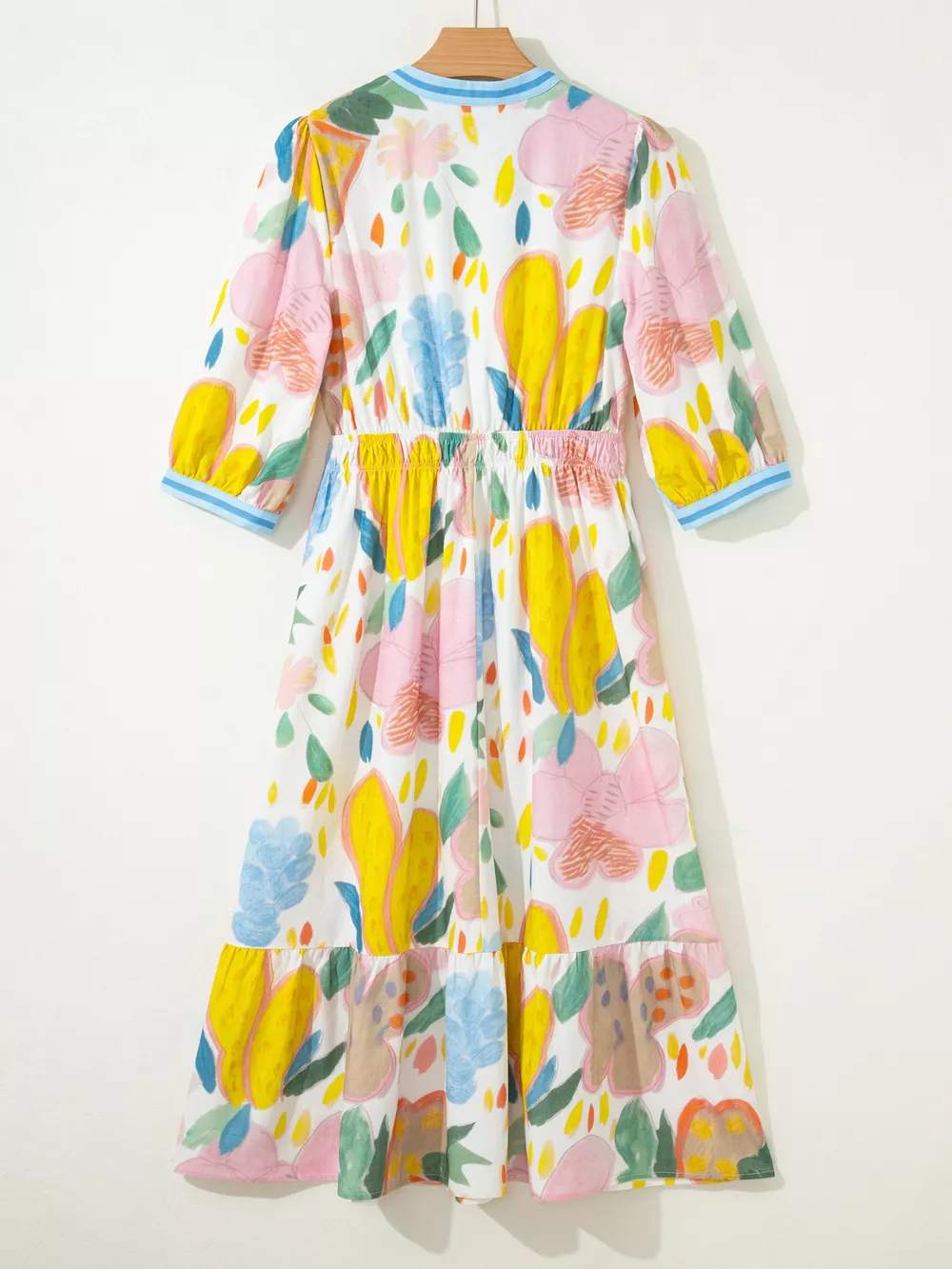 Multicolour Floral Doodle Print Striped Trim V Neck Midi Dress, image 5