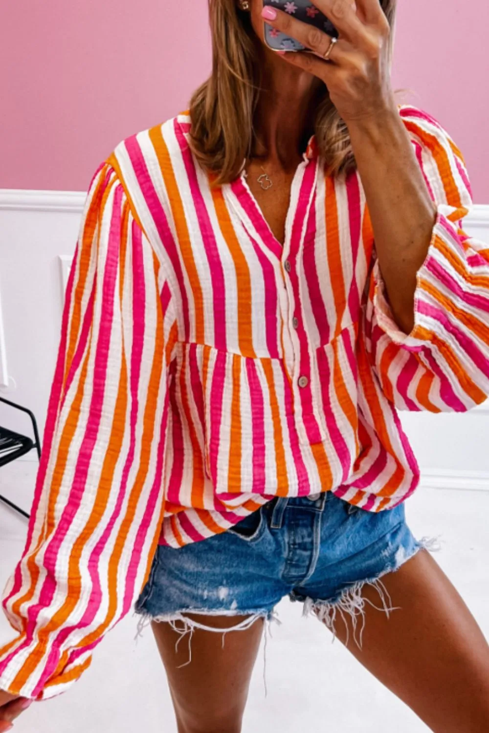 Striped Notched Flounce Sleeve Blouse, image 10