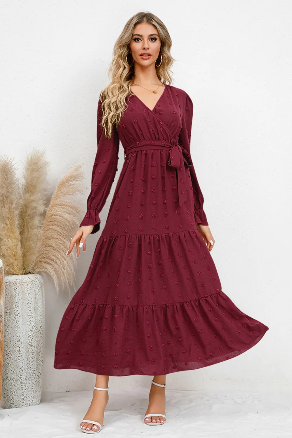 Swiss Dot Tied Surplice Flounce Sleeve Dress, image 7