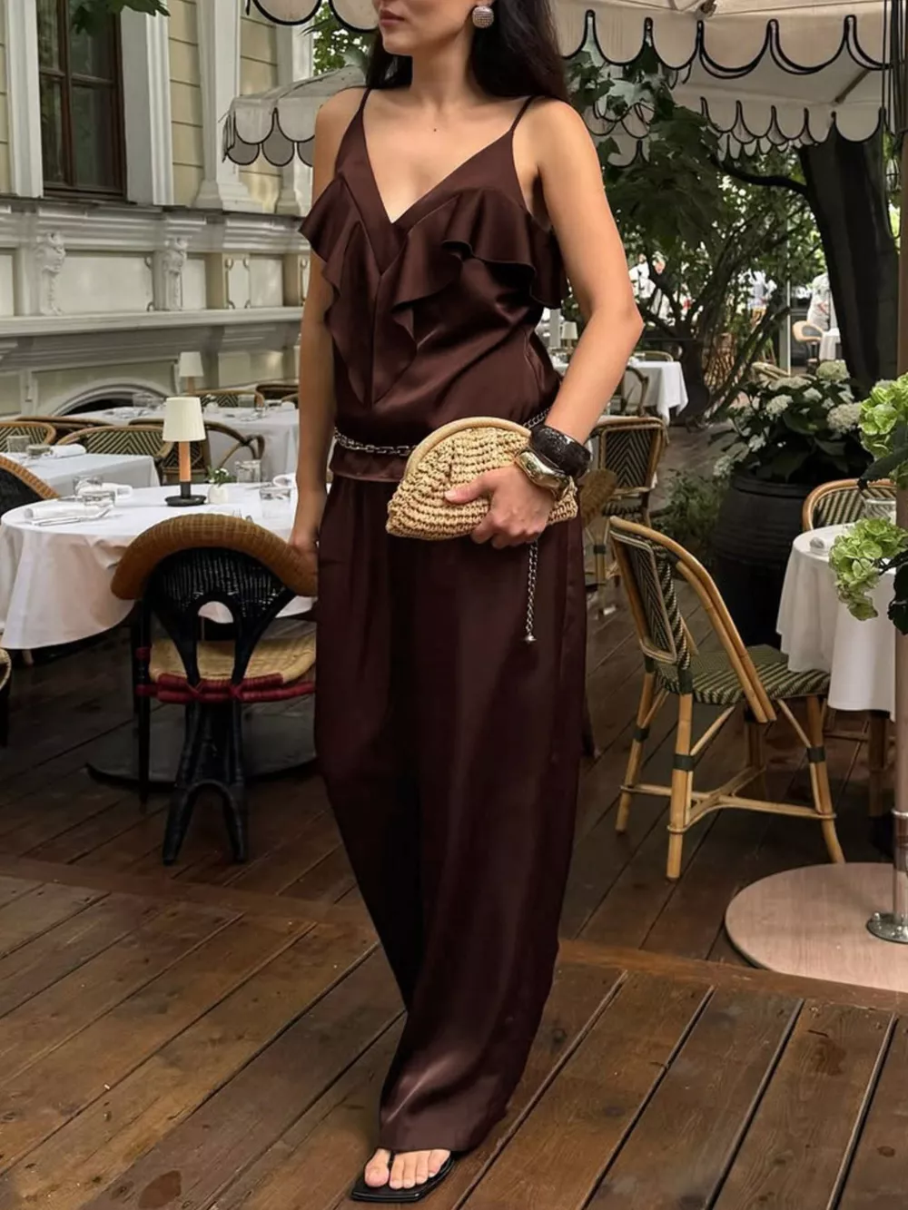 Ruffle V-Neck Cami and Wide-Leg Pants Two-Piece Set, image 3