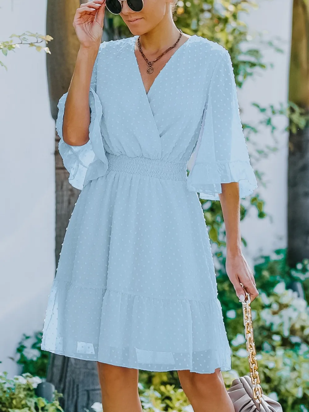 Swiss Dot Flare Sleeve Wrap Mini Dress, image 3