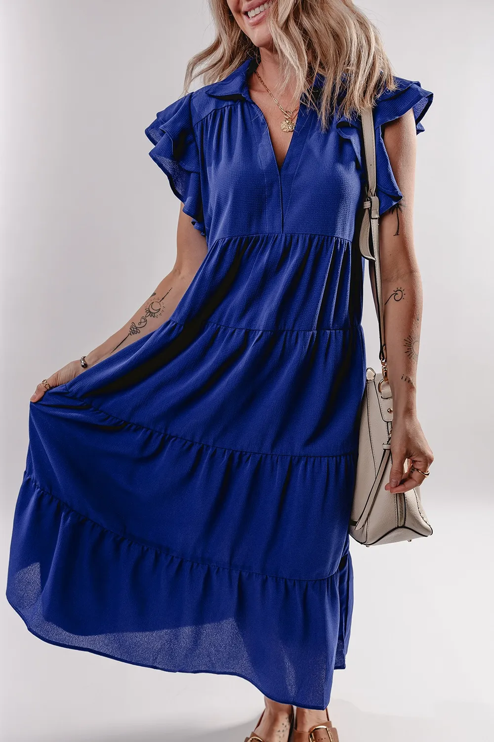 Ruffled Short Sleeve Collared V Neck Tiered Midi Dress, image 12