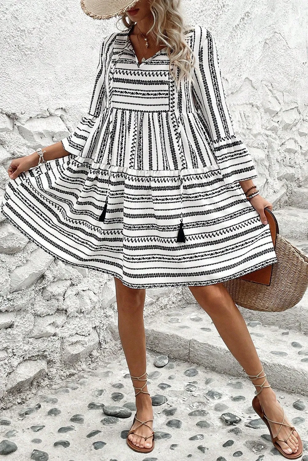 Printed Tie Neck Three-Quarter Sleeve Mini Dress, image 6