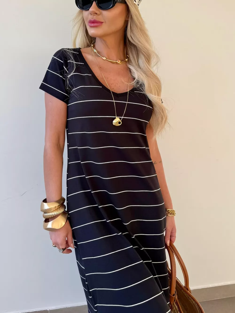 Slit Casual Striped Midi T-Shirt Dress, image 5