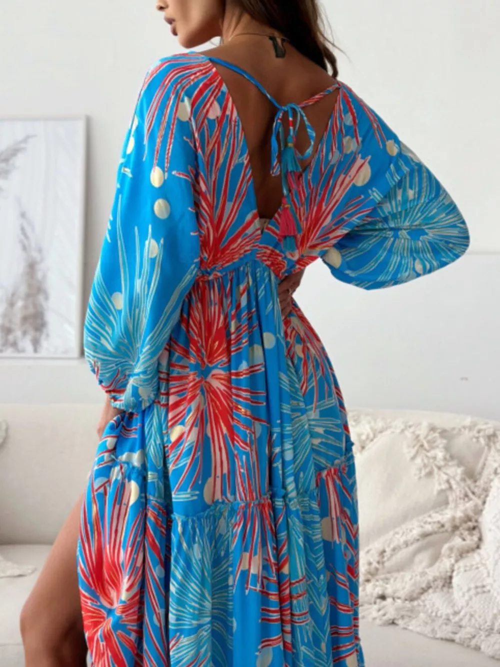 Printed V-Neck Balloon Sleeve Slit Maxi Dress, image 6
