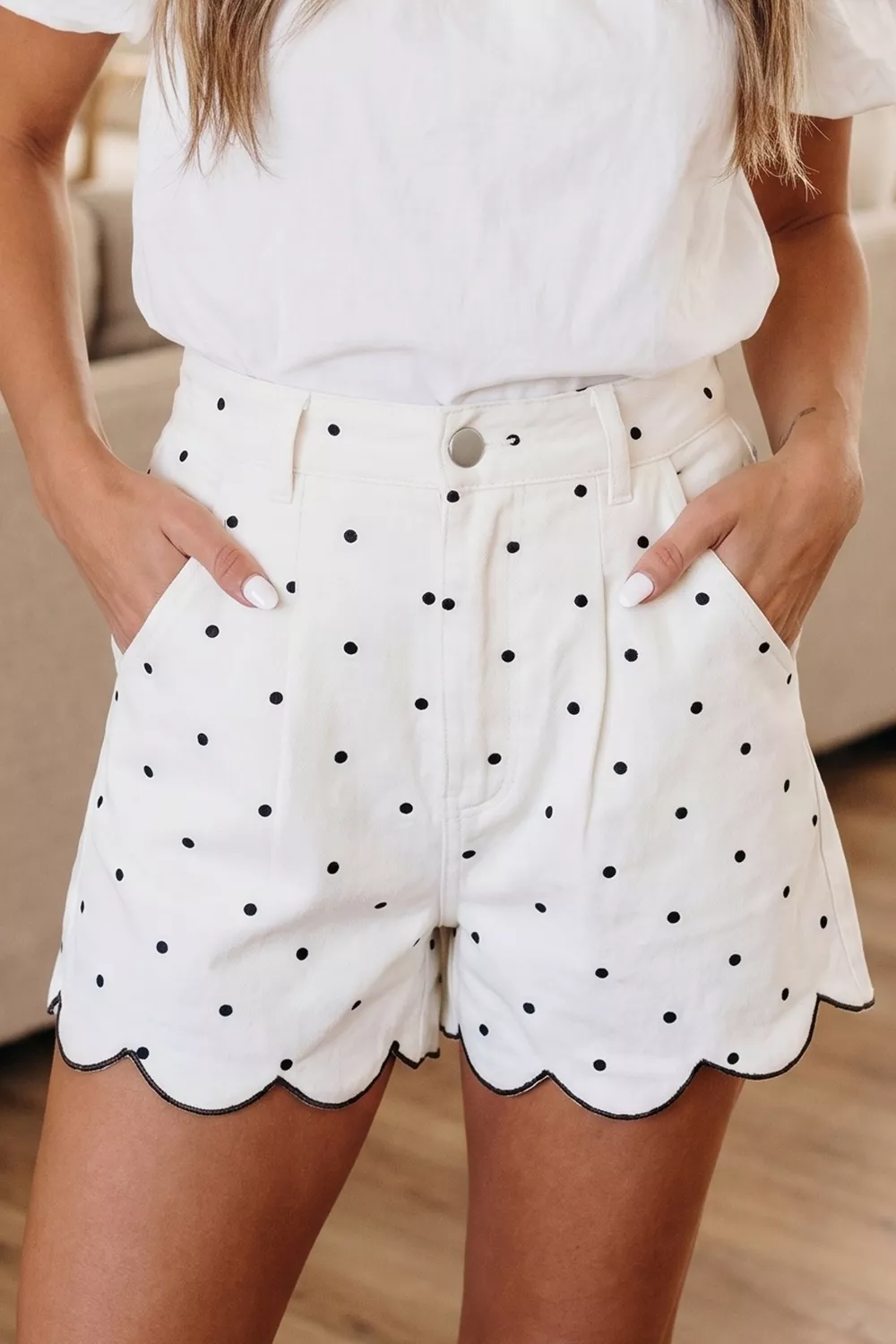 Polka Dot Scalloped Hem Shorts