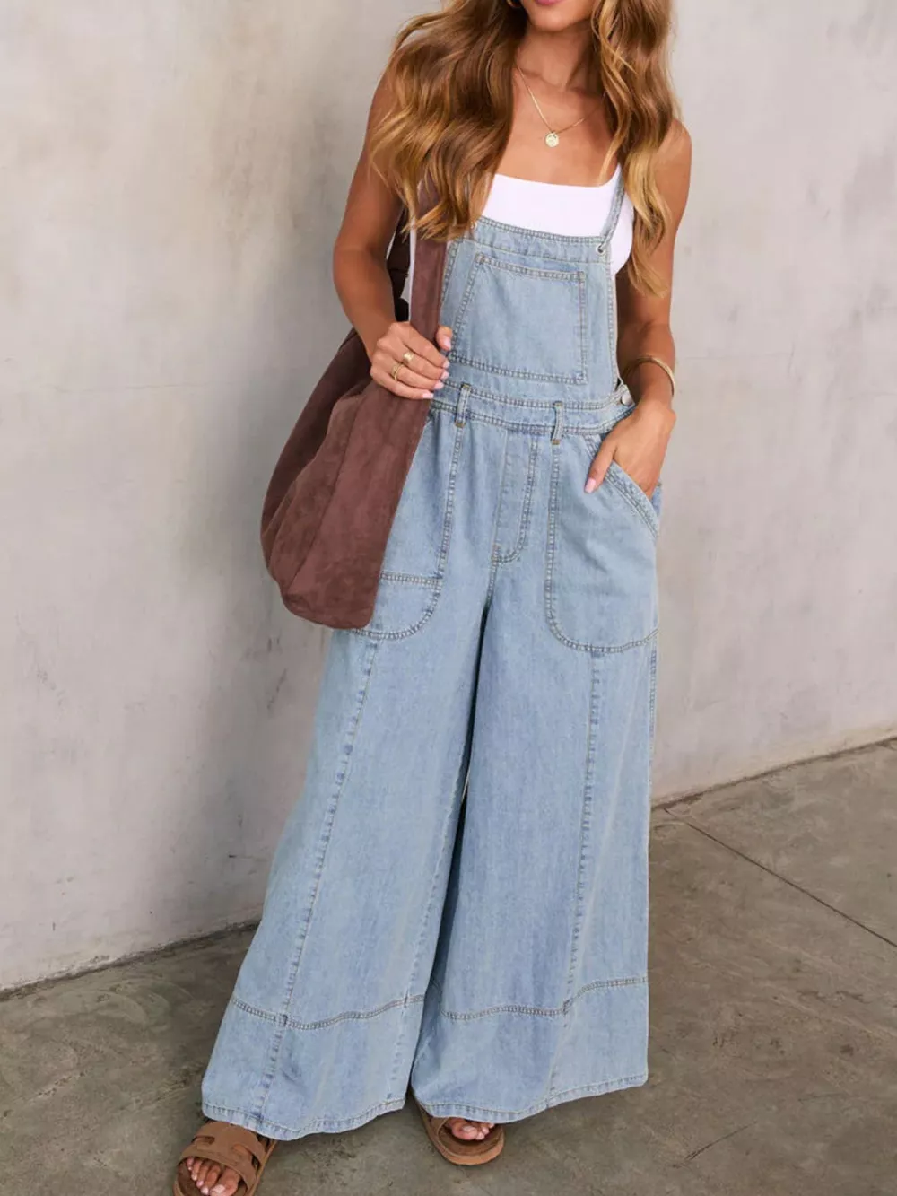 Relaxed Fit Wide Leg Denim Overalls, image 4