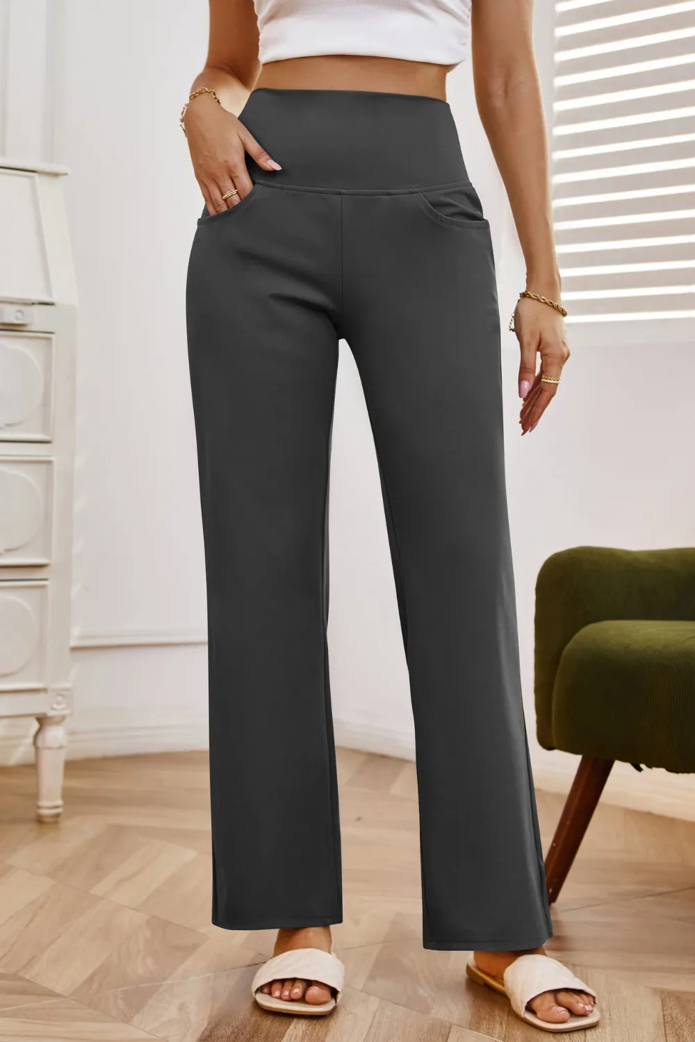 High Waist Wide Leg Pants with Pockets, image 26
