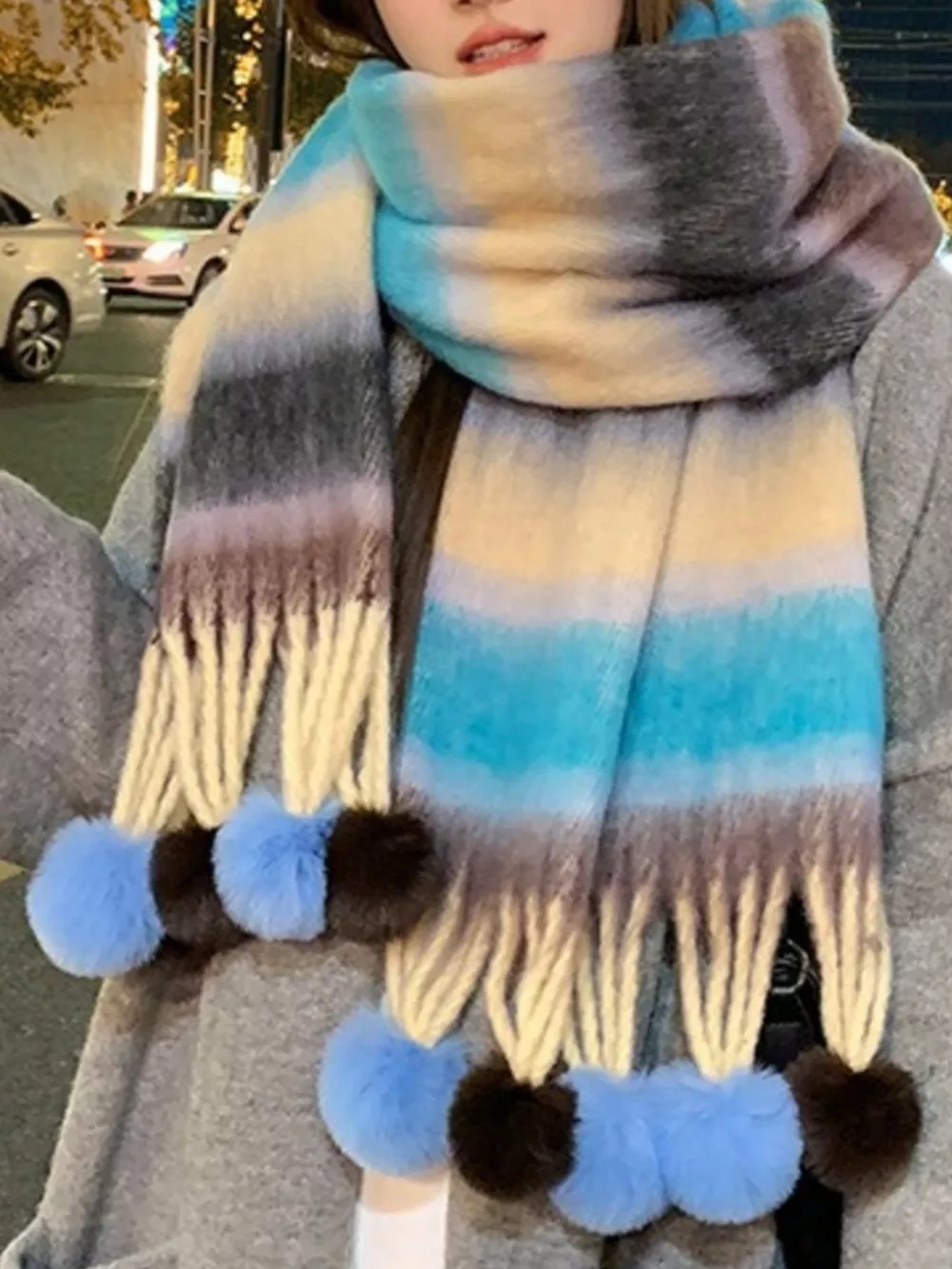 Striped Scarf with Pom-Poms, image 4