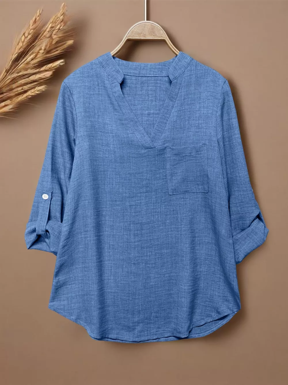 Casual Notched Roll-Up Sleeve Blouse, image 8