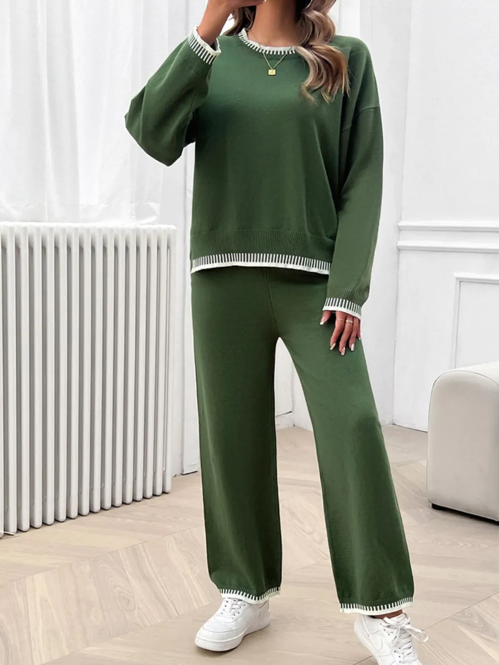 Round Neck Dropped Shoulder Top and Pants Sweater Set, image 15