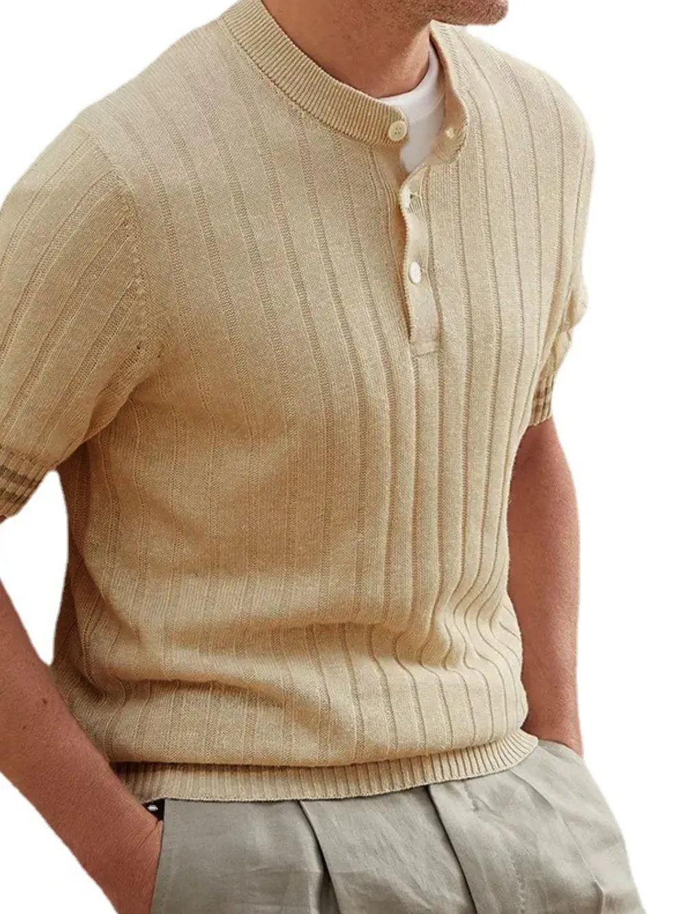 Men's Plus Size Ribbed Quarter Button Round Neck Striped Trim Polo, image 3