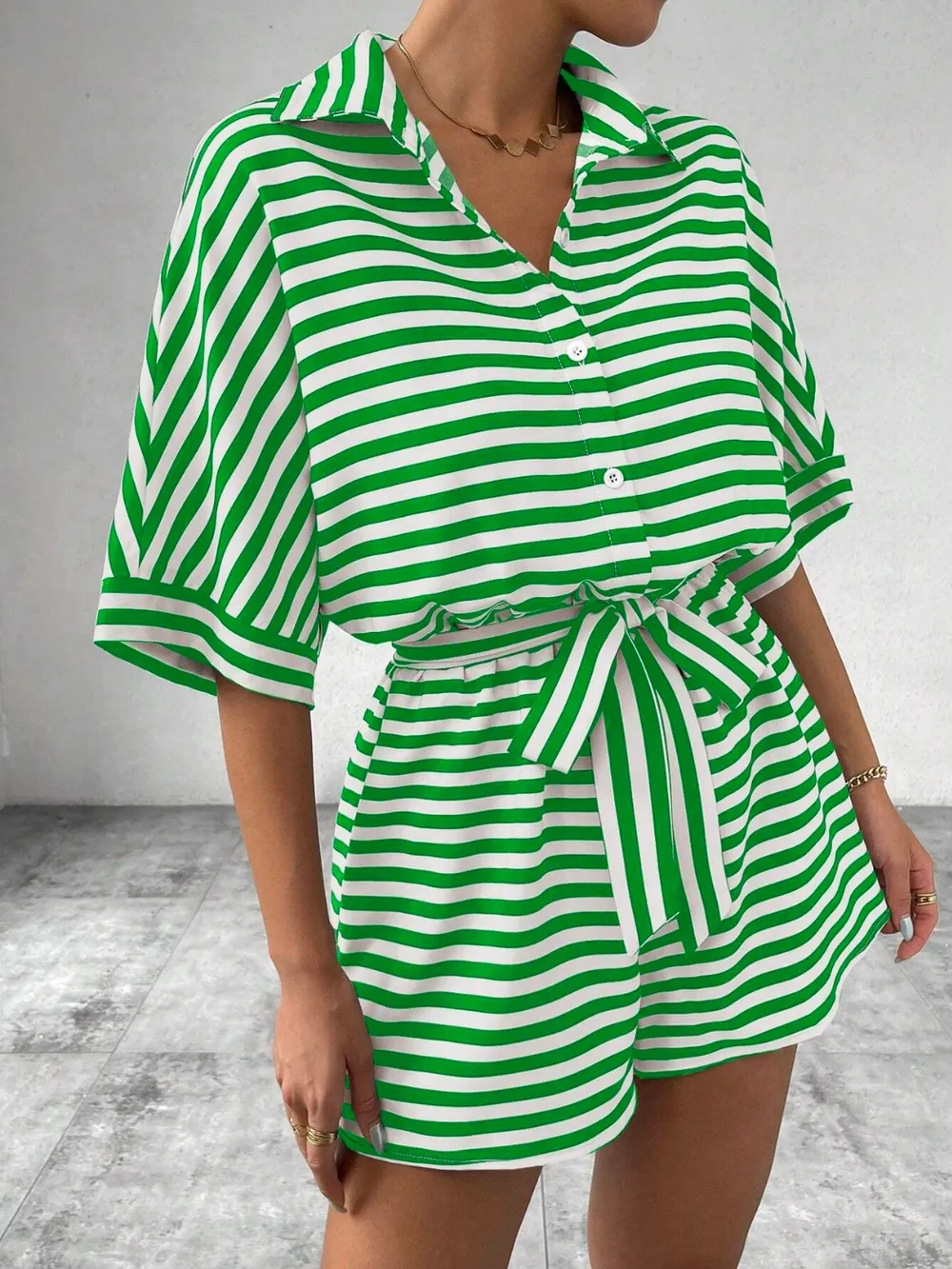 Tie Waist Half Button Striped Romper, image 24