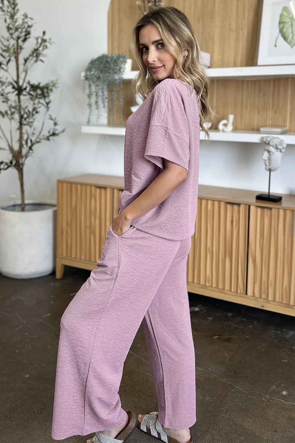 Full Size Texture Short Sleeve Top and Pants Set, image 14