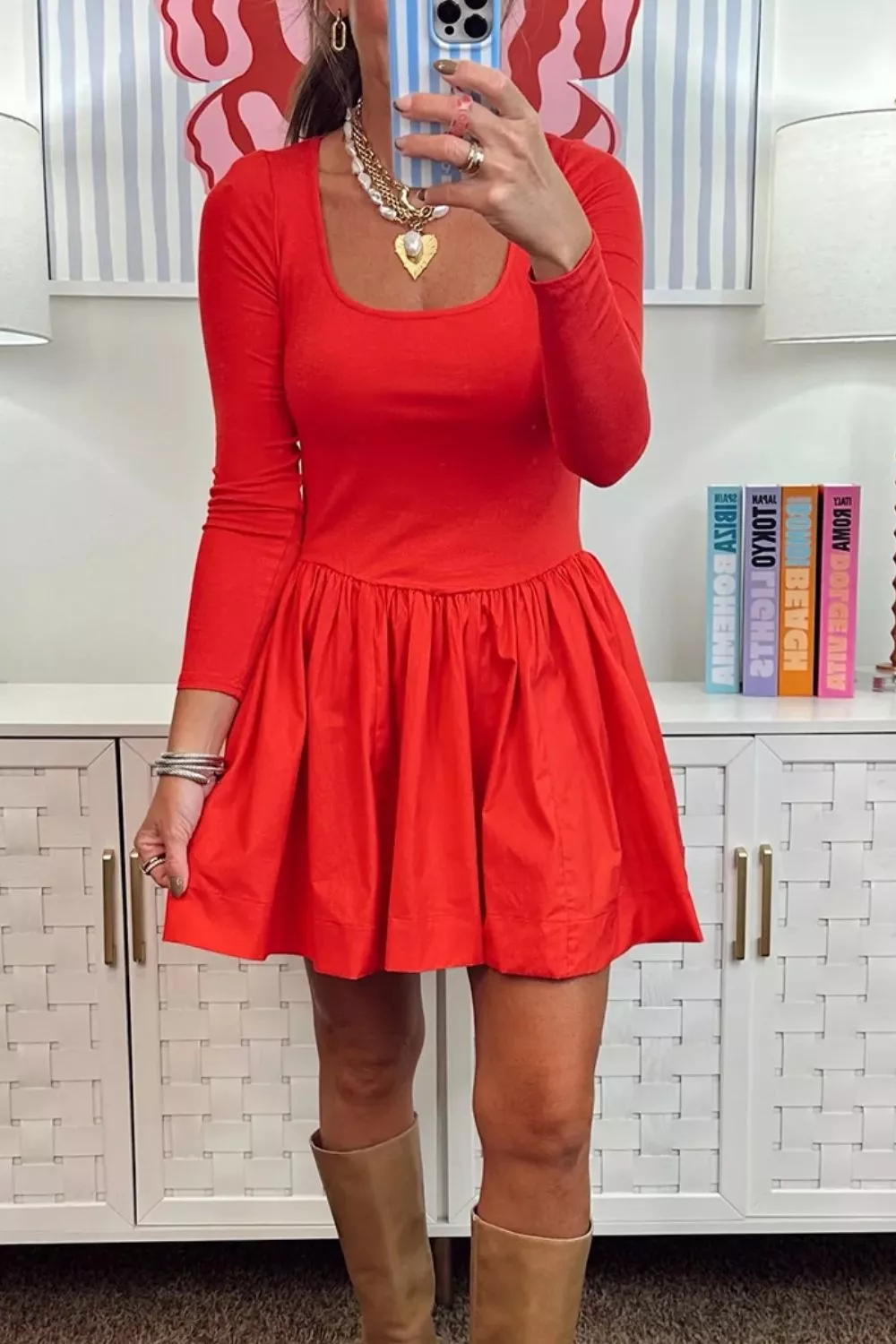U Neck Long Sleeve Fit and Flare Mini Dress, image 2