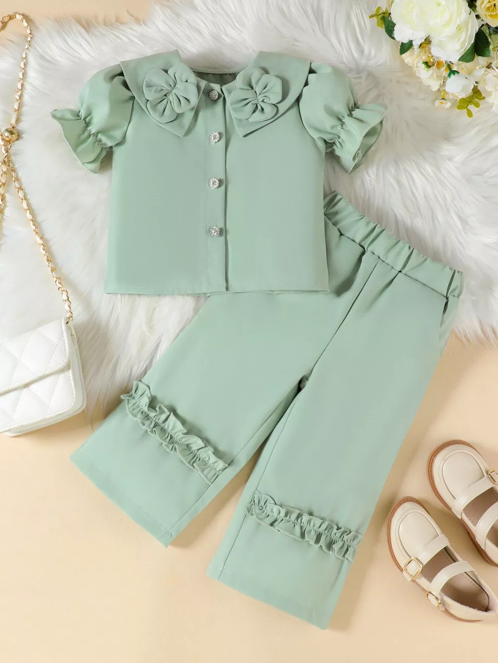 Children's Floral Decor Ruffle Trim Top & Pants Set