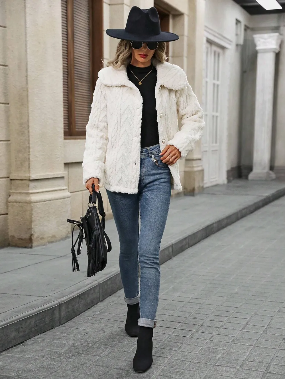 Fuzzy Texture Button Up Collared Neck Coat, image 5