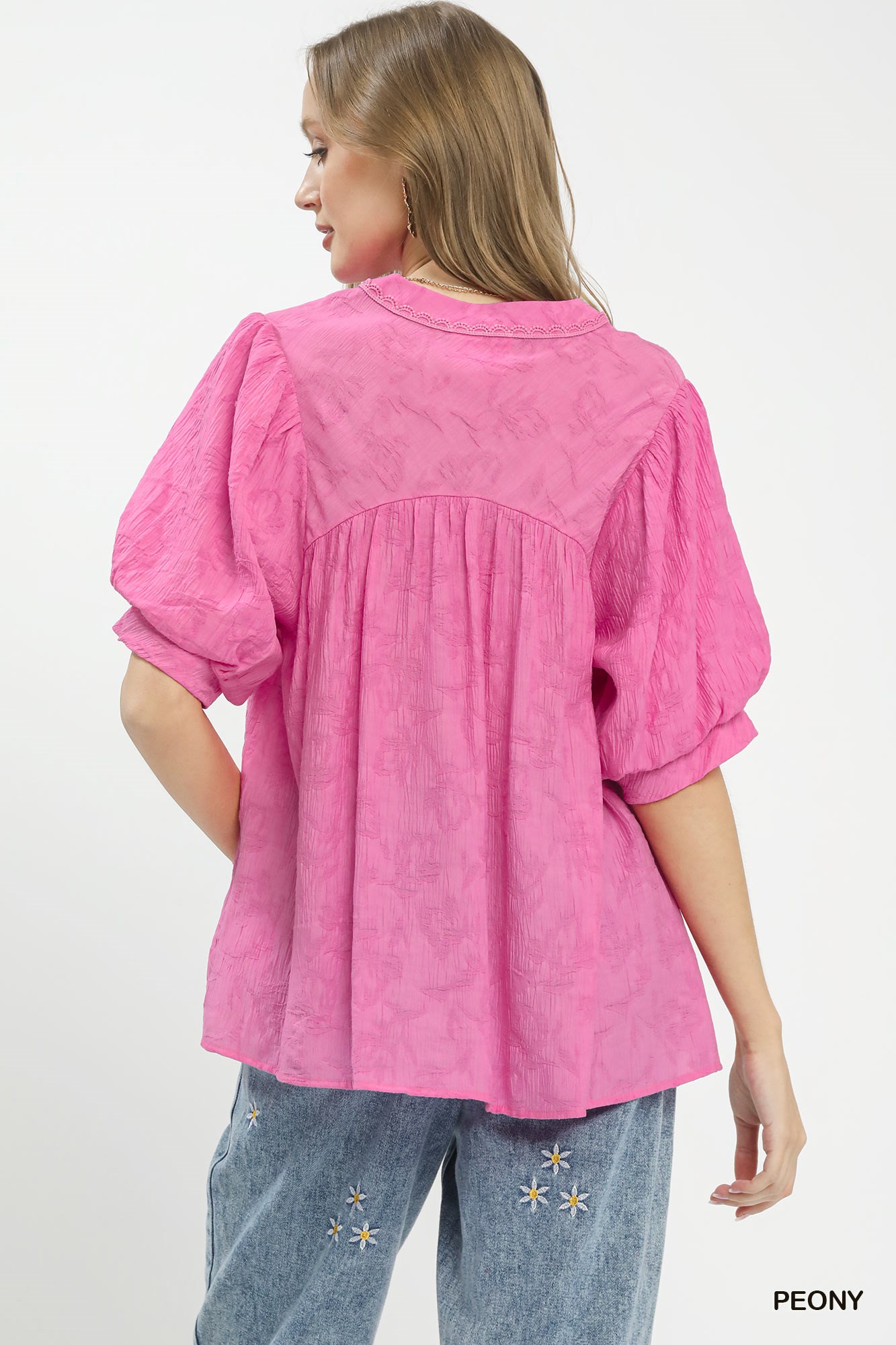 Textured Lace Trim V-Neck Boho Blouse, image 4