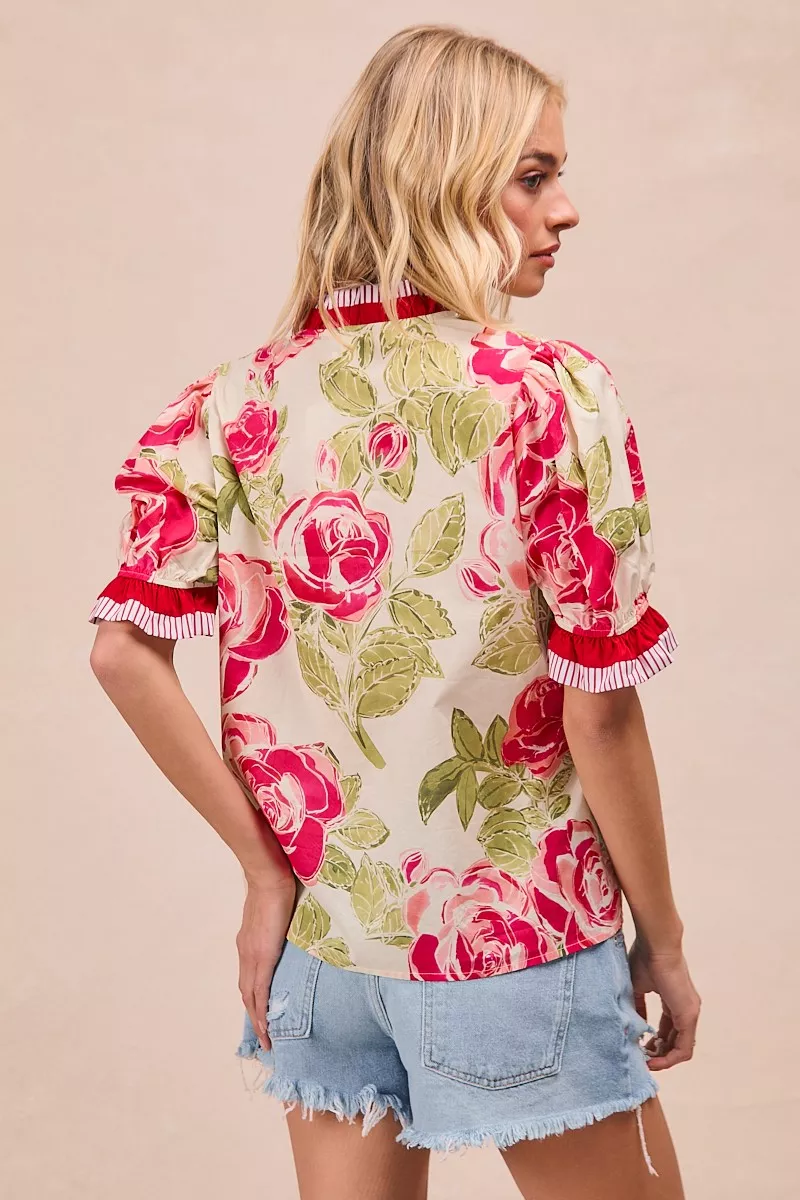 Floral Printed Woven Contrast Edge Ruffled Blouse, image 7