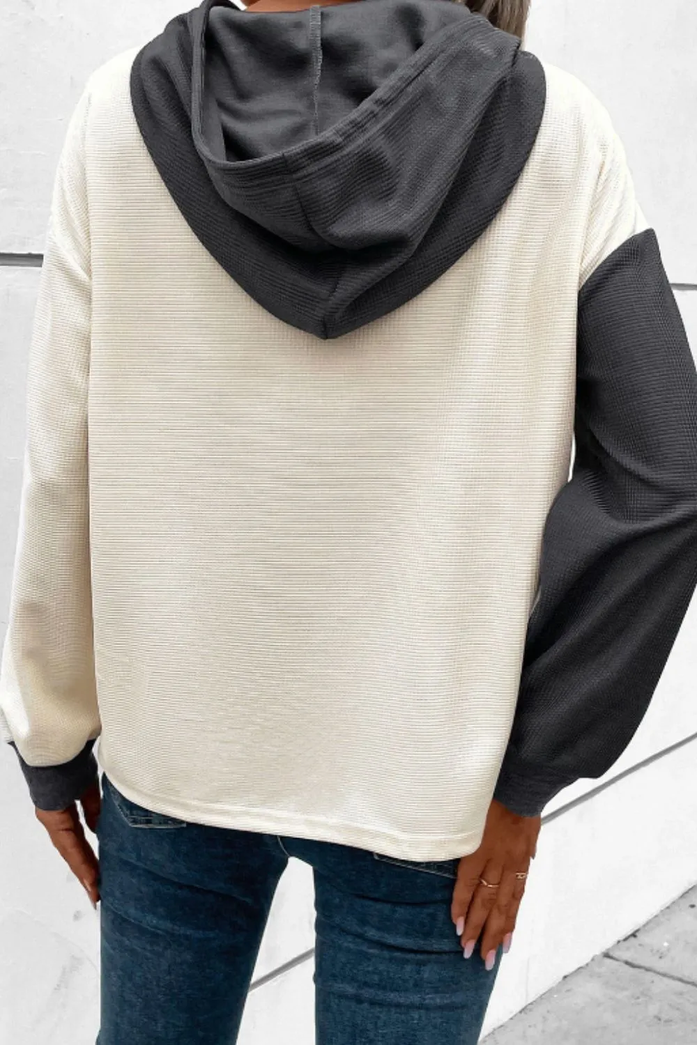 Waffle-Knit Two-Tone Long Sleeve Hoodie, image 12