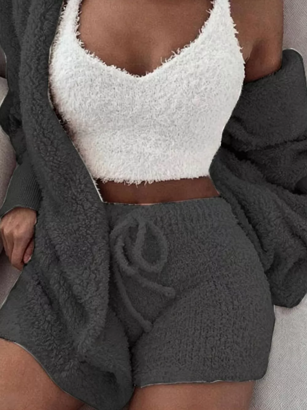 Full Size 3-Piece Fuzzy Plush Cardigan and Shorts Lounge Set with Crop Top Plus Size, image 13