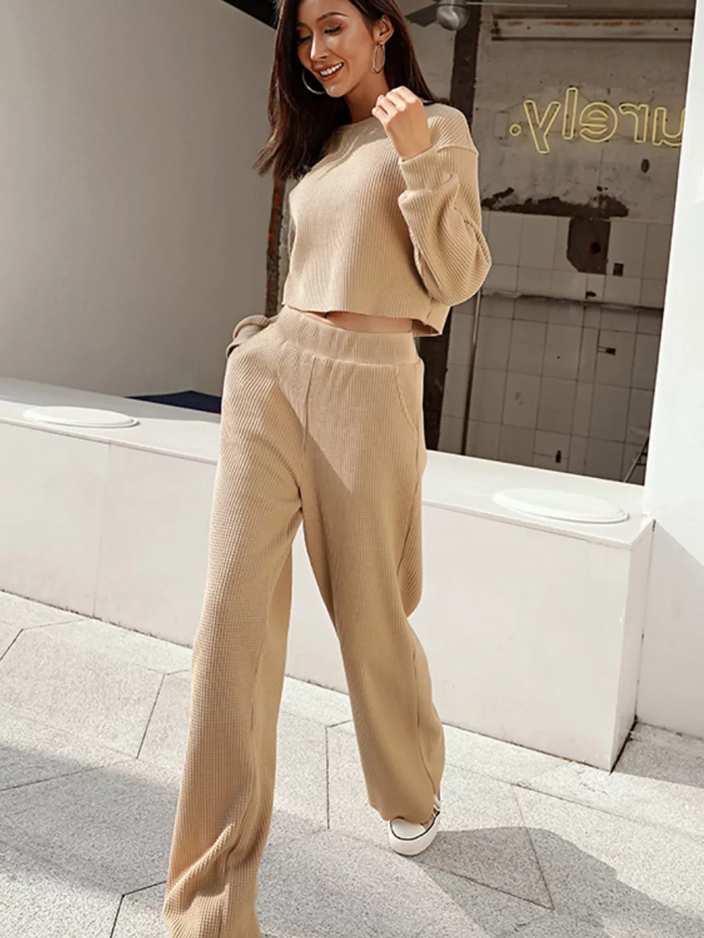 Waffle-Knit Round Neck Top and Pants Set, image 10