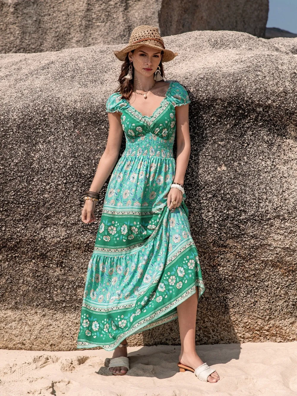 Smocked Printed V-Neck Dress, image 4