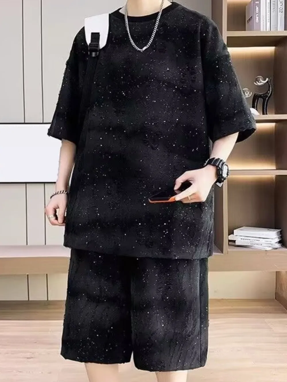 Men's Full Size Round Neck Half Sleeve Top and Shorts Set Plus Size