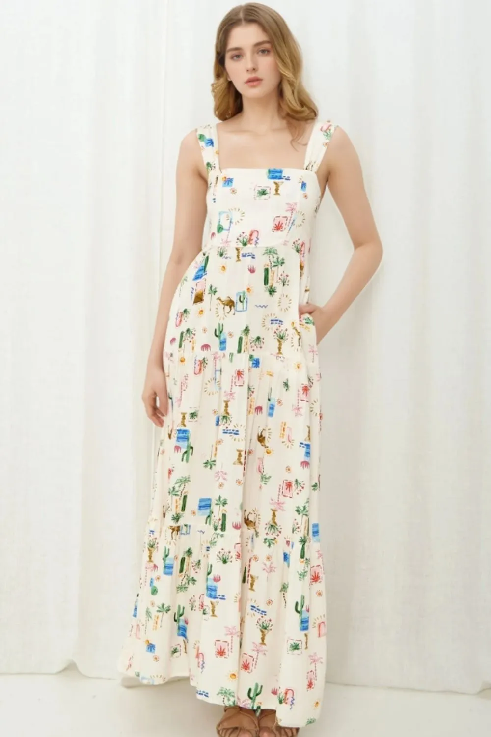 Printed Square Neck Wide Strap Maxi Dress, image 3