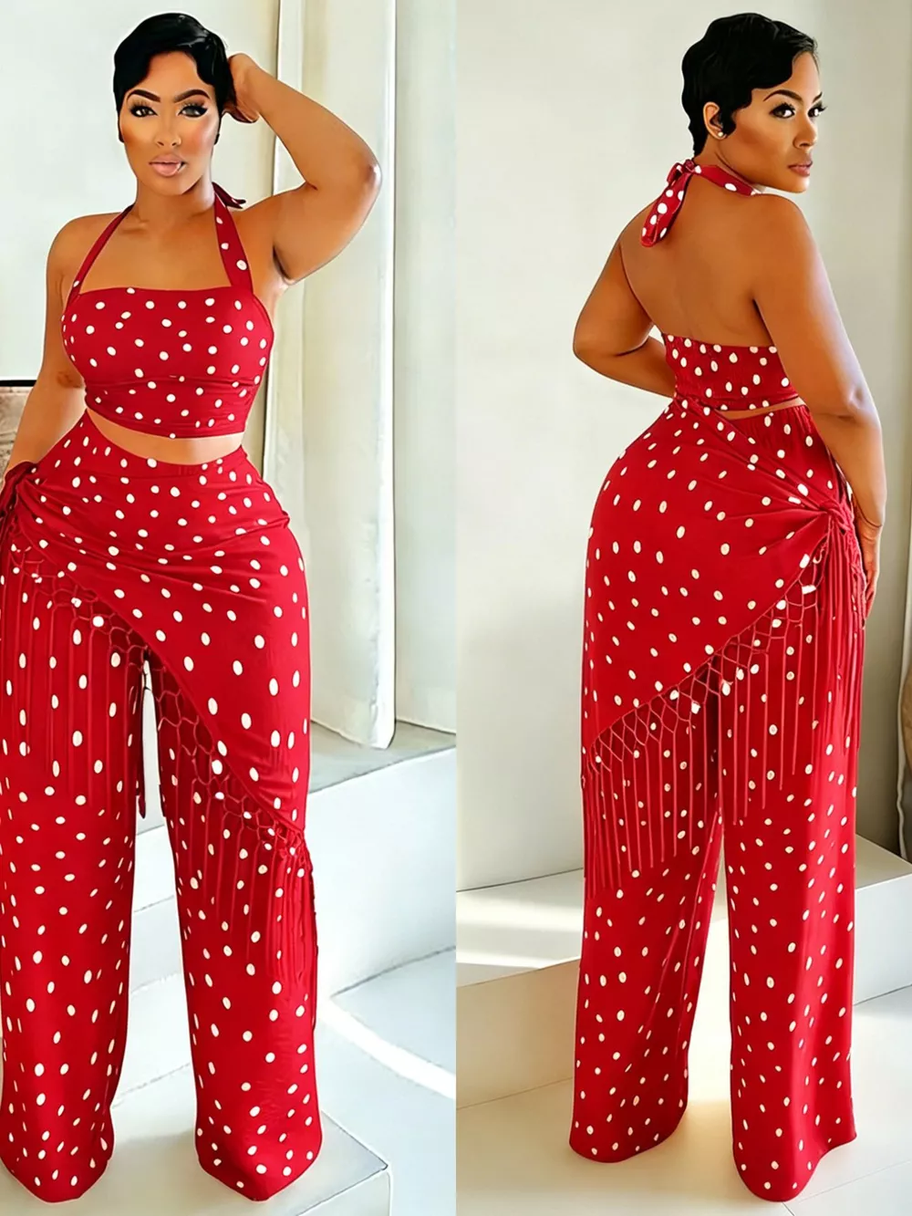 Polka Dot Halter Neck Cami and Fringe Trim Pants Set, image 14
