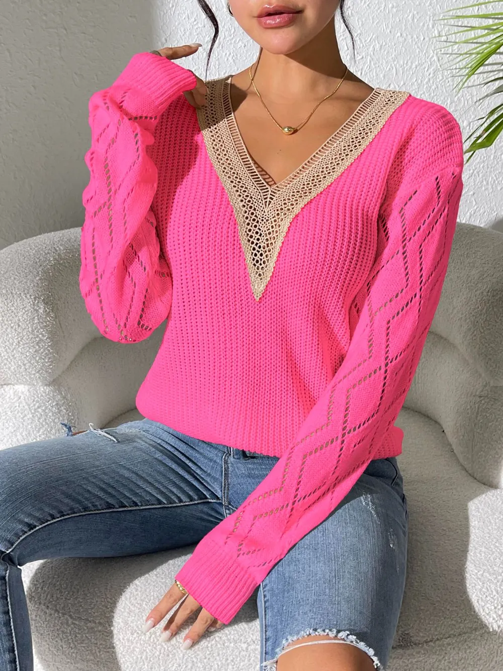 Openwork V-Neck Long Sleeve Sweater, image 16