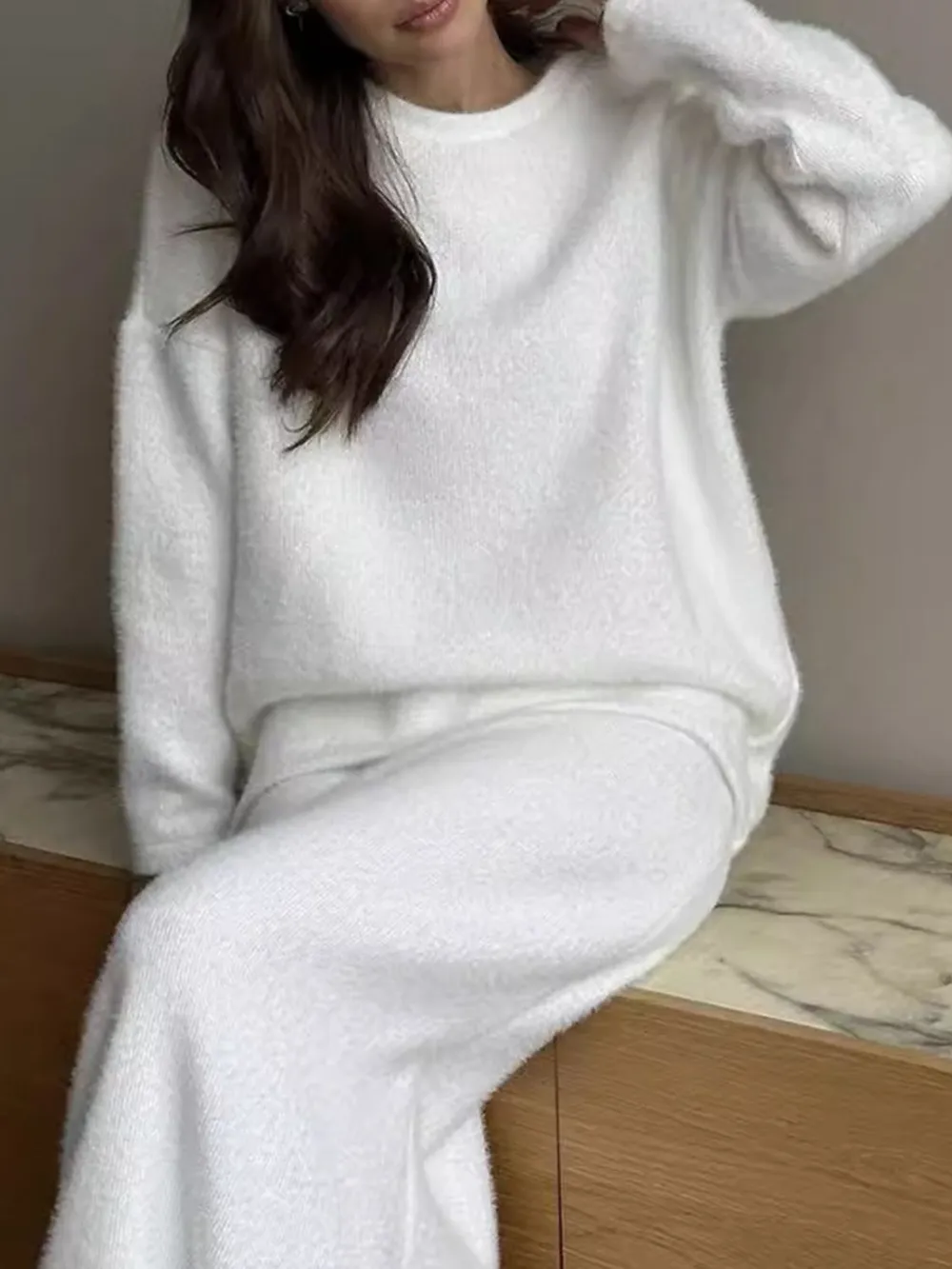 Round Neck Dropped Shoulder Top and Midi Skirt Sweater Set, image 15