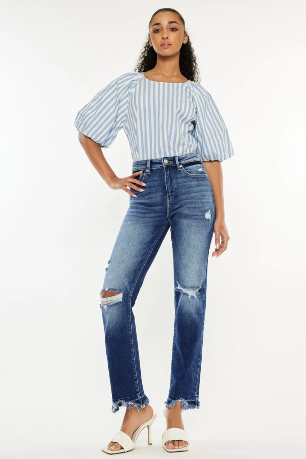 High Rise Distressed Slim Straight Jeans, image 5