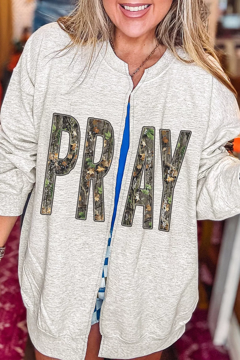 Camo Print PRAY Letter Open Front Tunic Sweatshirt, image 2