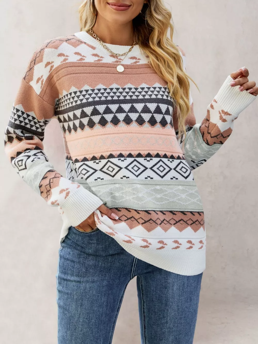 Geometric Pattern Dropped Shoulder Sweater, image 4