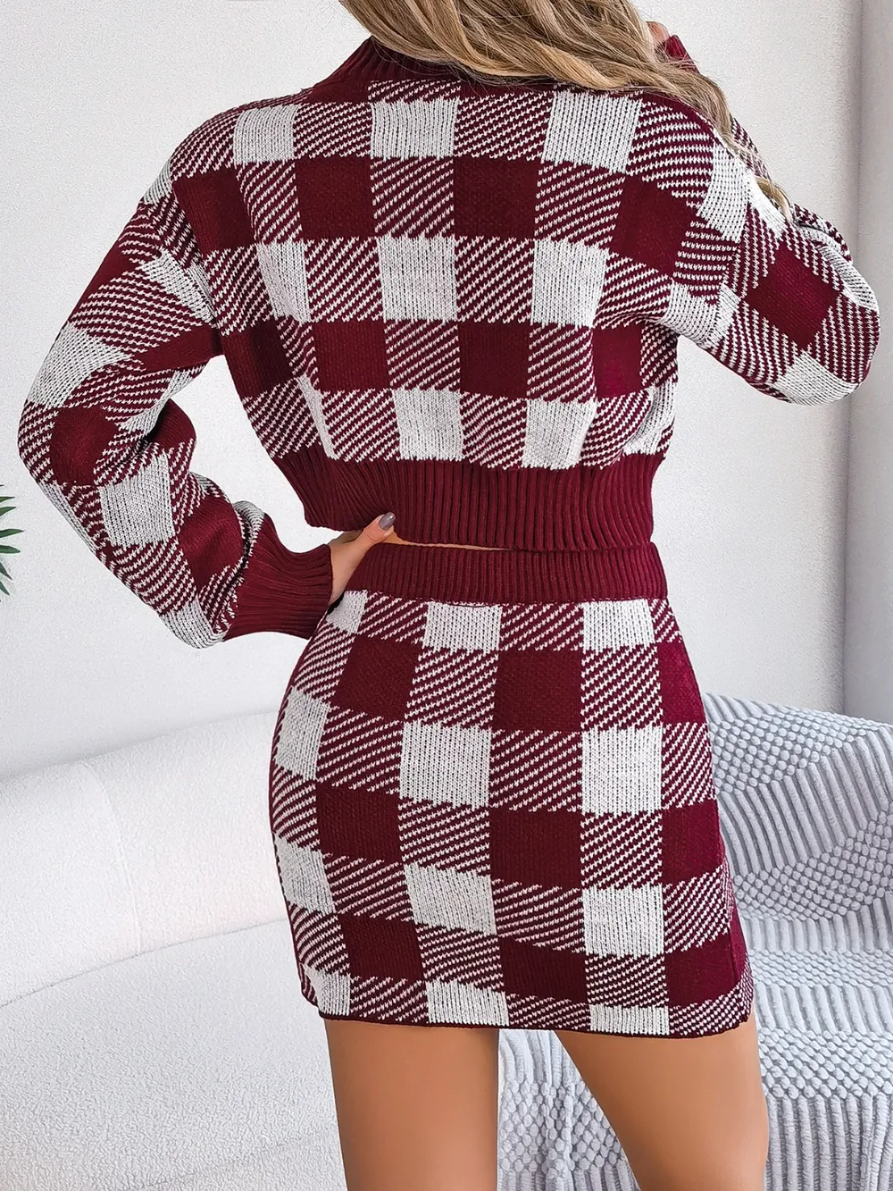 Plaid Round Neck Top and Skirt Sweater Set, image 9