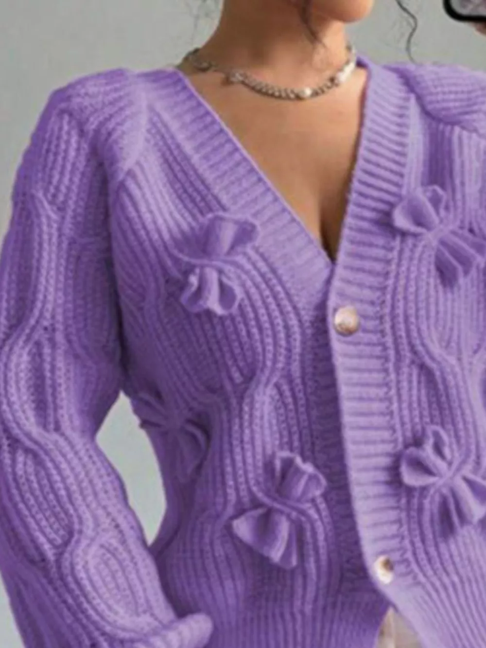 Bow Cable Knit V-Neck Cardigan, image 14
