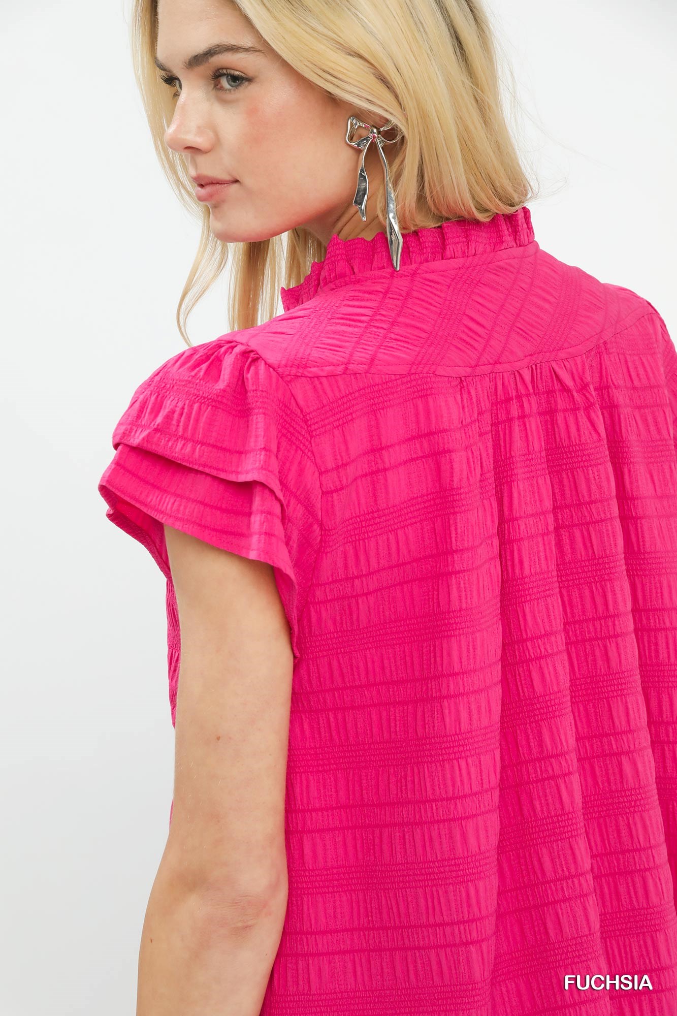 Textured Flutter Sleeve Split Neck Top, image 5