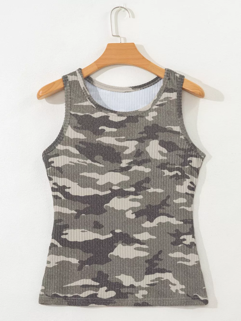 Camouflage Print Ribbed Knit Round Neck Tank Top, image 16