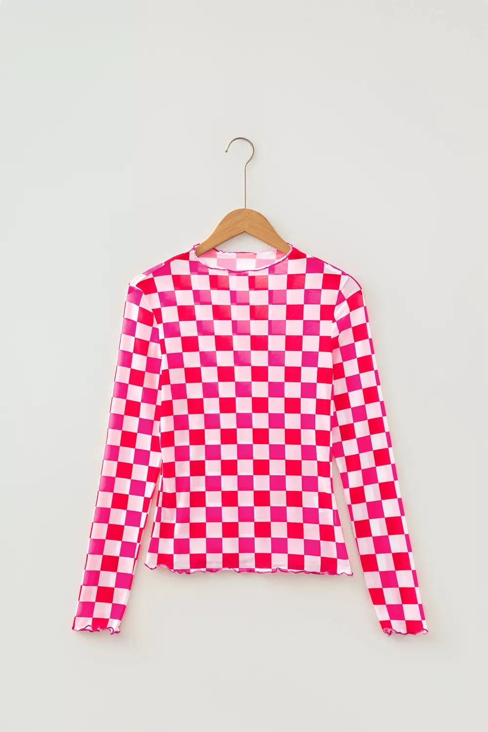 Plaid Heart Mesh Sheer Long Sleeve High Neck Top, image 4