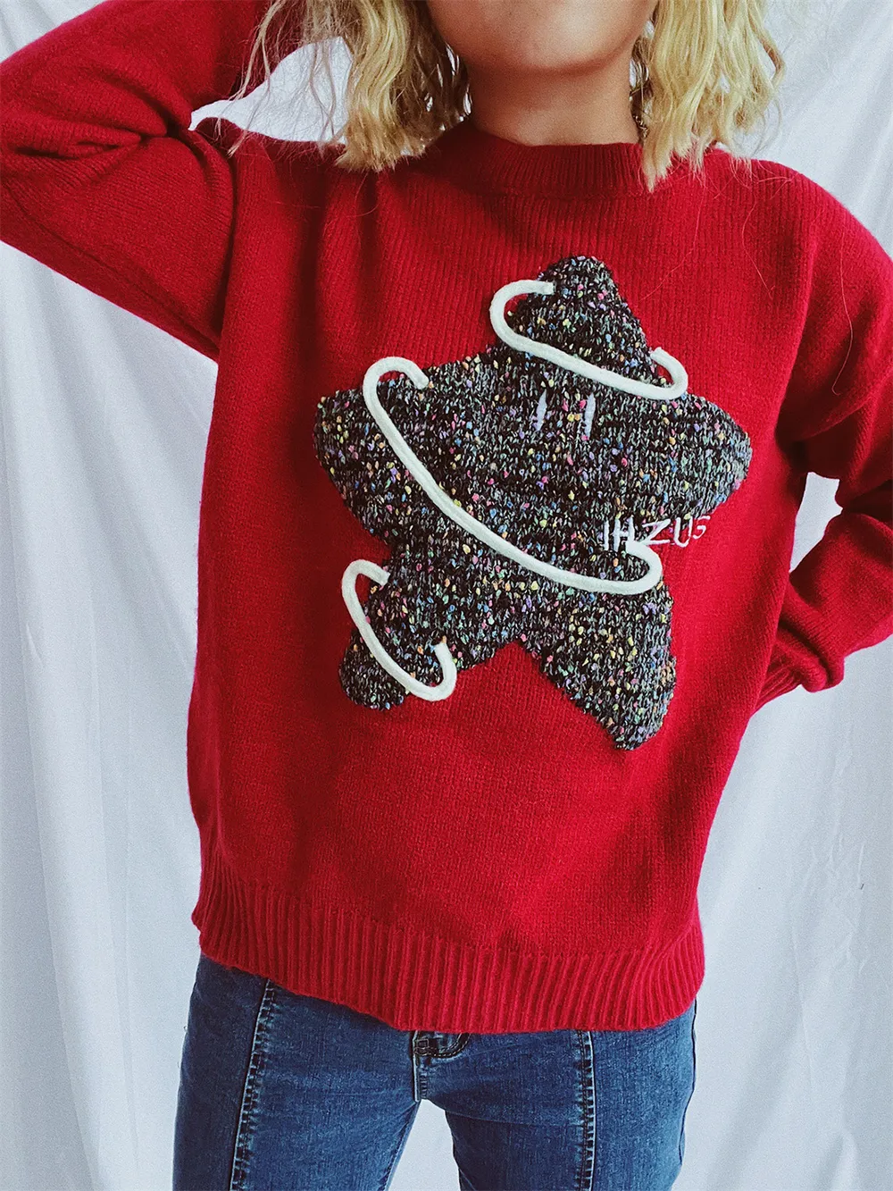 Contrast Star Round Neck Long Sleeve Sweater, image 4
