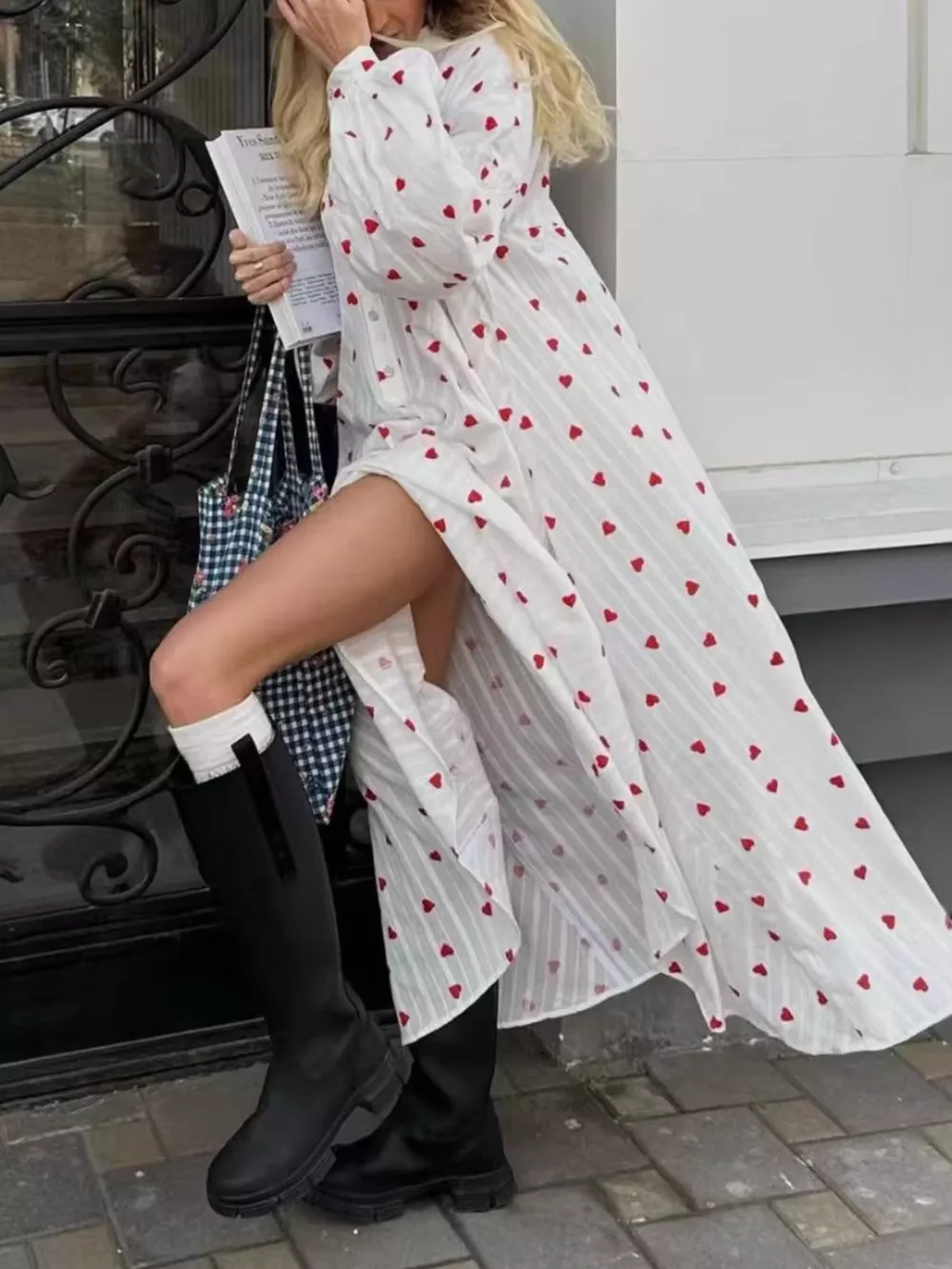 Heart Print Maxi Dress with Puff Sleeves, image 3