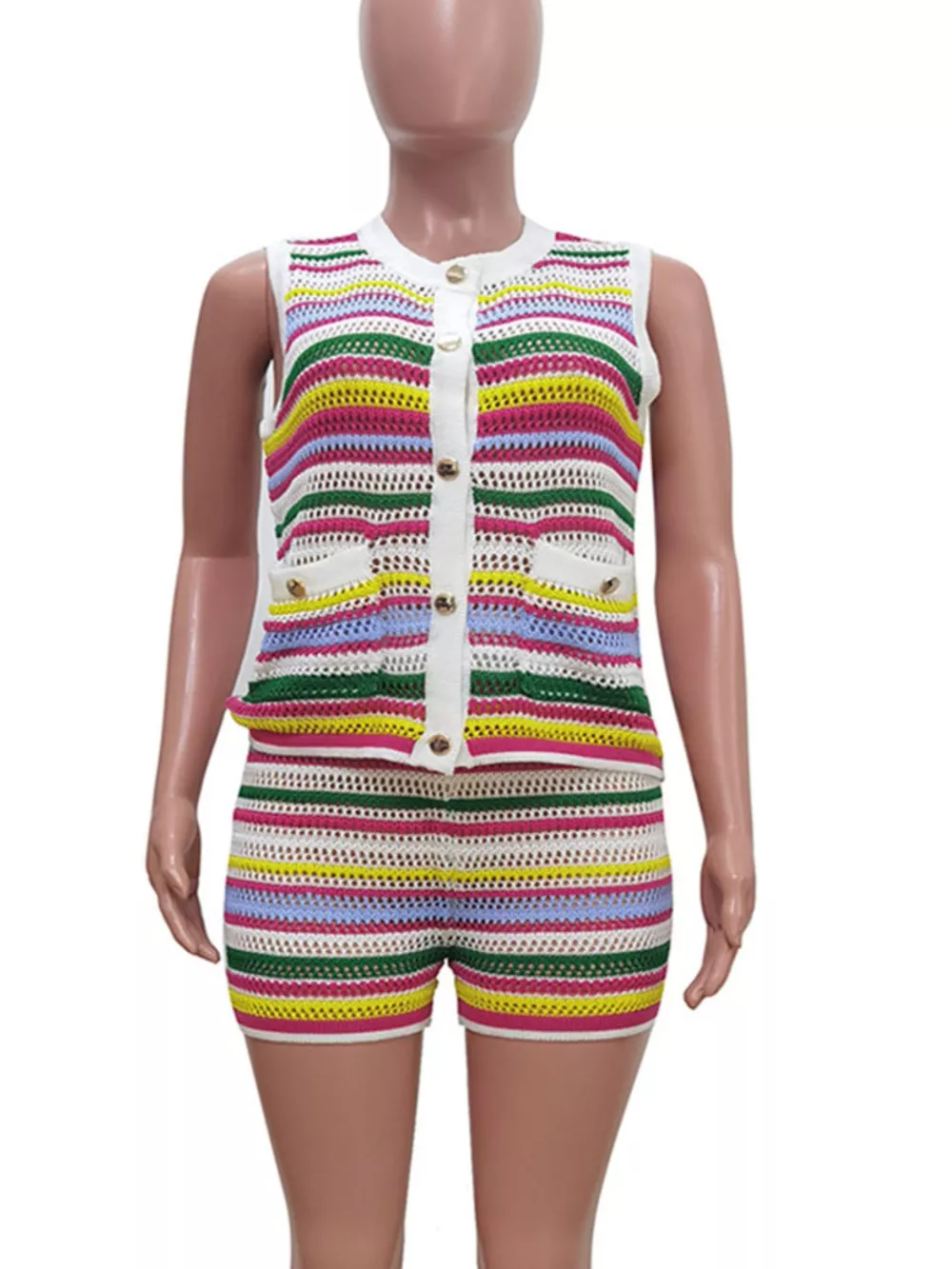 Striped Crochet Knit Top and Shorts Set, image 5