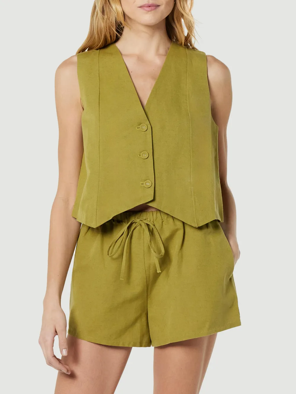 Button Up V-Neck Top and Pocketed Shorts Set, image 7